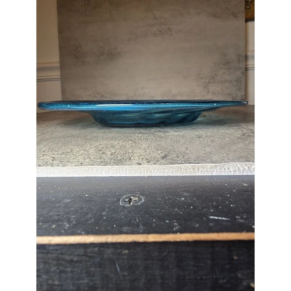RARE 10” Blown Aqua Blue Glass Shallow Bowl With  Optic Swirl/Folded Rim Vintage
